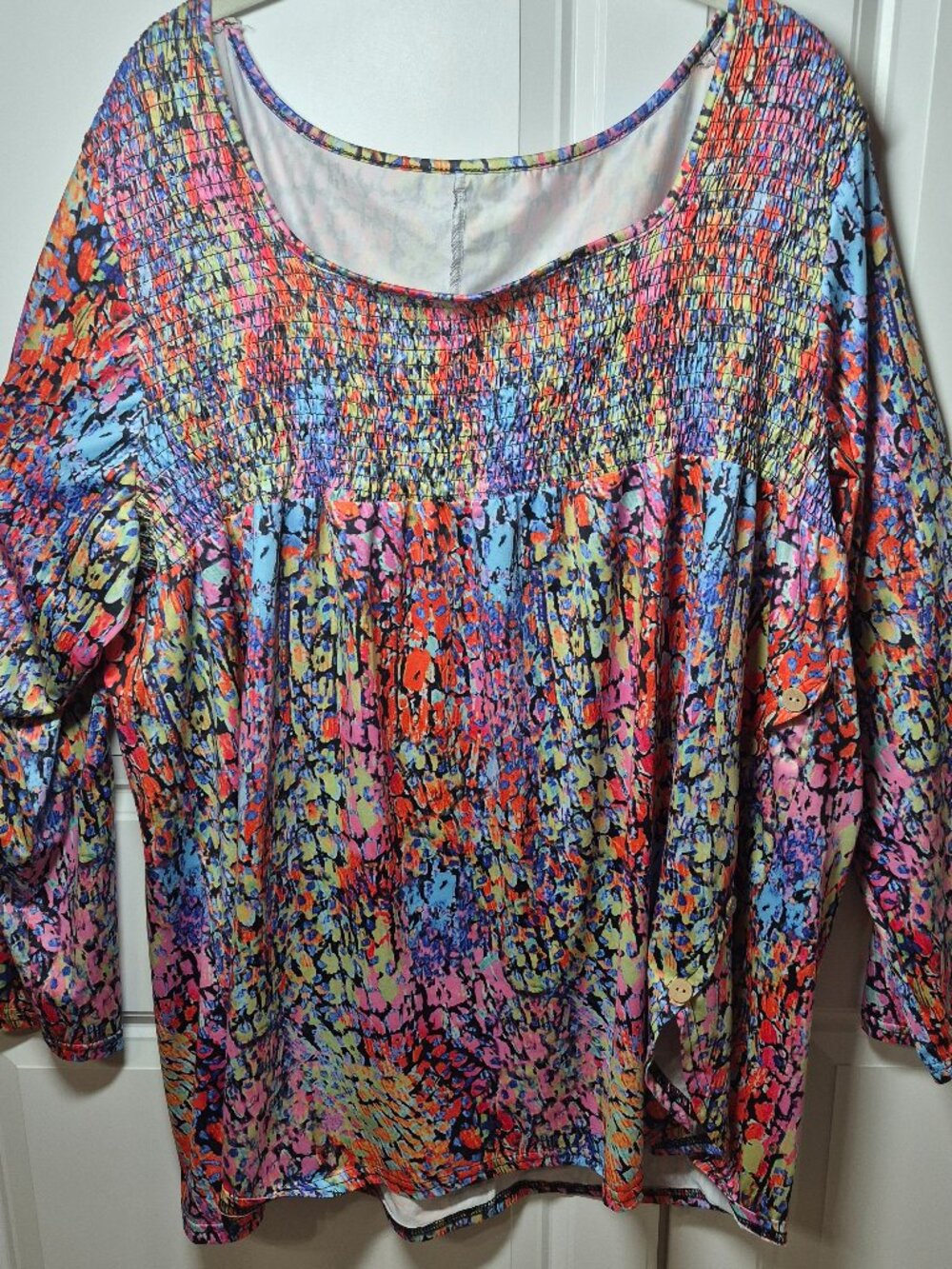 Bright Impressionist Abstract Long Sleeve Top Blouse Smocked Bust 3X Plus